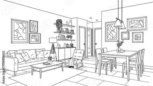 Sketch of a cozy living and dining room interior with furniture artwork and plants rendered in black and white