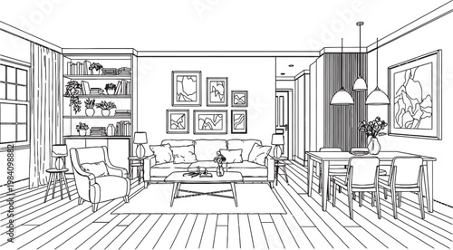 Detailed black and white sketch of a cozy living room and dining area interior design concept
