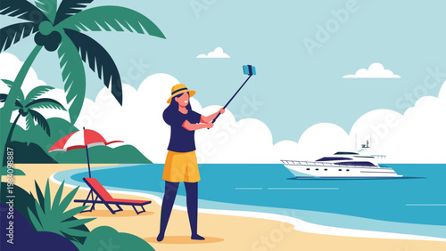 Woman wearing a sun hat and taking a selfie on a tropical beach with a large white yacht and palm trees in the background.
