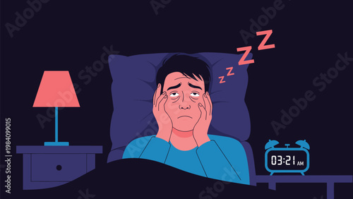 Tired man lying in bed and suffering from insomnia or sleep disorder during the night with a bedside clock.