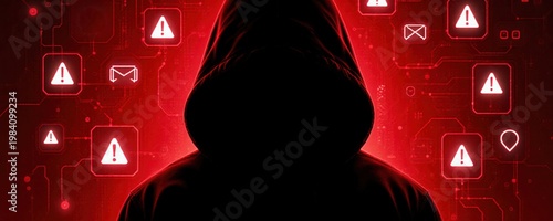 Mysterious Figure in Hooded Jacket Surrounded by Cybersecurity Alerts