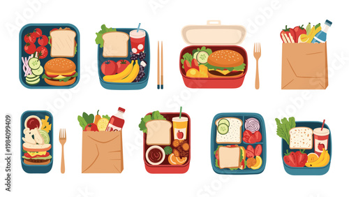 Collection of healthy lunch boxes and paper grocery bags filled with various fresh foods like sandwiches, fruits, and organic vegetables.