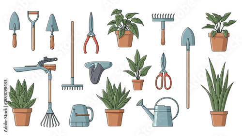 Various gardening tools like shovels, rakes, and shears along with several types of potted indoor and outdoor plants.