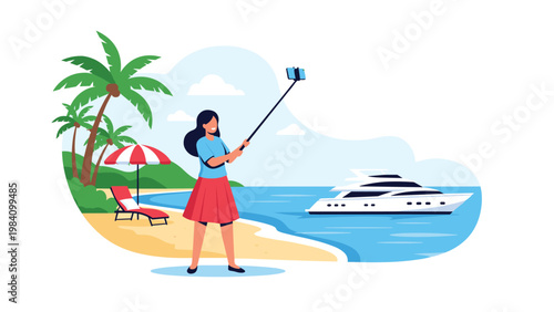 Happy woman taking a selfie with a smartphone and selfie stick on a beautiful tropical beach with a yacht in the background.