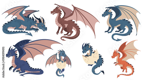 Variety of legendary dragons in different colors and poses, including adult dragons and cute baby dragons hatching from their colorful eggs.