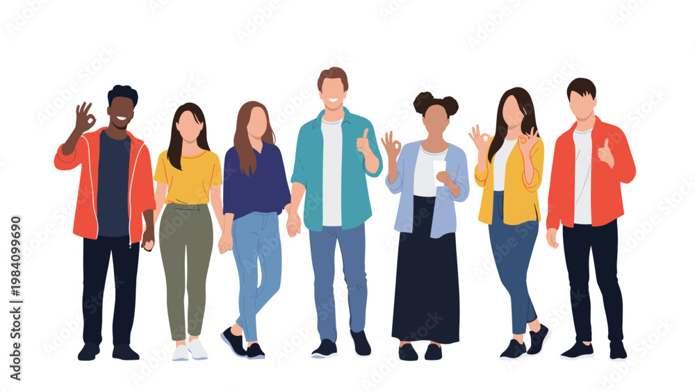 Obraz premium Diverse group of young men and women standing together while displaying various positive hand gestures like peace signs and thumbs up.