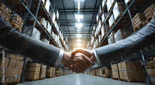 Business partners handshake in warehouse aisle with stacked cardboard boxes