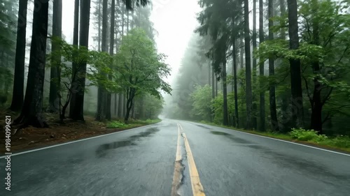 Driving Through a Misty Forest Road Lined With Tall Trees, Wet Asphalt and Foggy Atmosphere