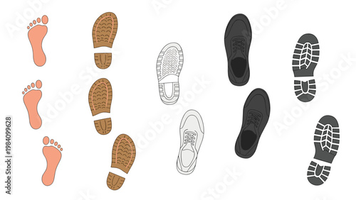 Various types of tracks and footprints including bare feet, sneakers, and boots, shown in a sequential path on a clean white background.