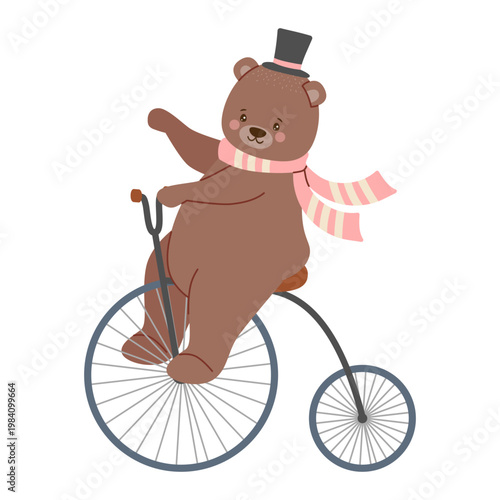 Adorable brown bear in a top hat and striped scarf riding a vintage big wheel bicycle. Flat vector illustration of a performing circus animal isolated on white background.