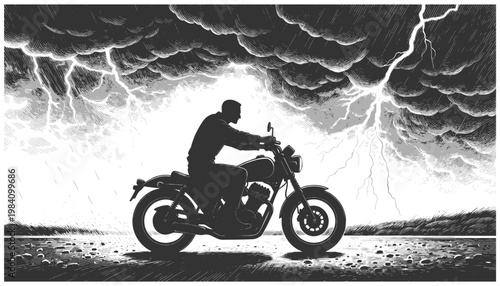 motorcyclist riding under a dramatic thunderstorm with lightning bolts, danger, freedom, and intense journey sketch engraving generative ai vector illustration. Scratch board. Black and white image.