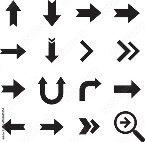 Directional Arrow Icons SetNavigation Movement and Search Symbols for User Interface Design