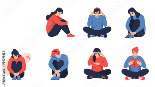 Multiple illustrations of diverse people expressing sadness, grief, and heartbreak in various sitting and standing poses on a white background.