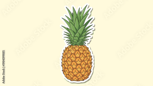 Realistic pineapple illustration with green spiky leaves on a light yellow background in a sticker style with white border.