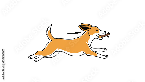 Energetic dog happily running with a wooden stick in its mouth shown in a simple cartoon line art style.