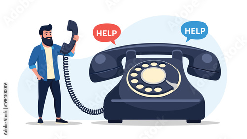 Man standing next to a giant vintage rotary telephone while talking on the handset with help bubbles appearing in a creative concept image.
