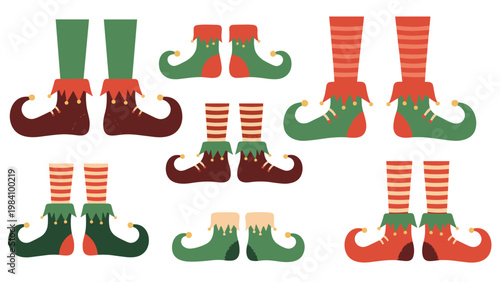 Set of various elf and leprechaun legs wearing colorful striped socks and pointed buckled shoes for Christmas or St Patricks Day.