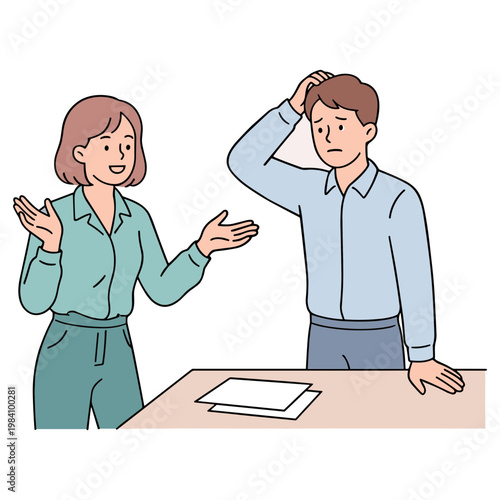 A frustrated man sits at a desk with a stressed woman standing beside him