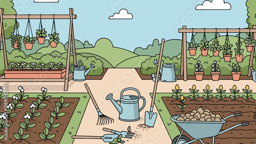 Beautifully organized vegetable garden with growing plants, various garden tools, watering cans, and a wheelbarrow full of freshly dug potatoes.