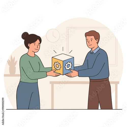 Man and woman exchanging colorful gear boxes in an office setting indoors