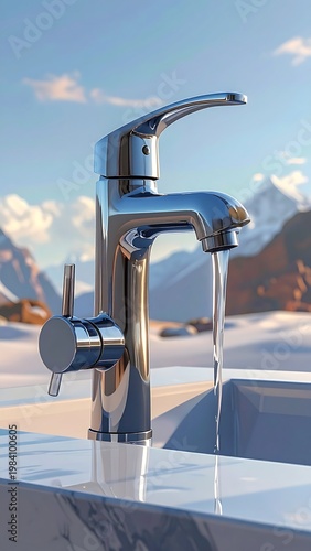 A chrome faucet streams water, with snowy mountains in the distance