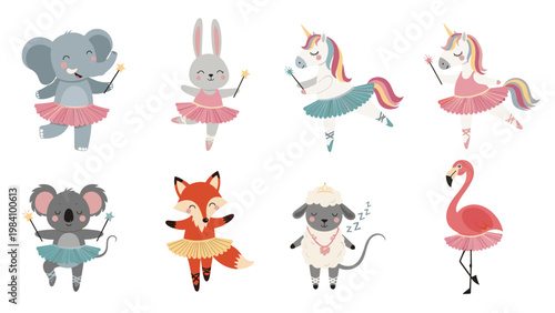 Adorable animals like an elephant, rabbit, unicorn, and flamingo dressed as ballerinas in pink tutus with magic wands in a whimsical scene.