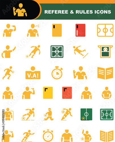 Football Referee and Rules Flat Vector Icon Set – Minimal Black Line Soccer Officiating, Fouls and Game Decision Icons.