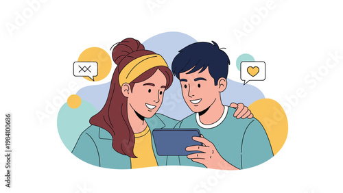 Happy young couple looking at a smartphone together with love and message icons appearing in the background for a social media theme.