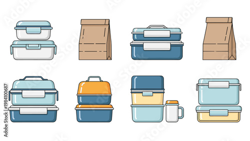 Selection of different reusable lunch boxes, containers, and paper bags for packing healthy meals and snacks for school or office workers.