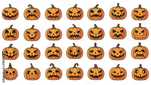 Large set of diverse carved pumpkin faces for Halloween celebration, featuring spooky and funny jack-o-lantern expressions.
