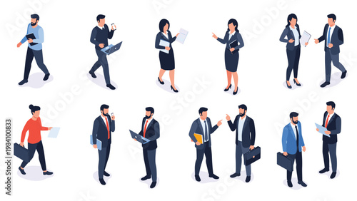 Isometric business people characters in professional situations like talking, working on laptops, and holding documents.