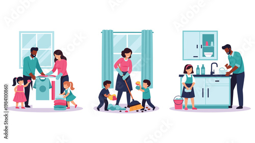 Family members working together on daily household chores like laundry, cleaning floors, and washing dishes in flat style.