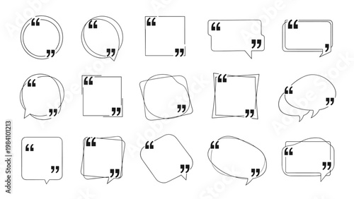 Variety of speech bubble and quote box frames with quotation marks in different geometric shapes and styles for design.