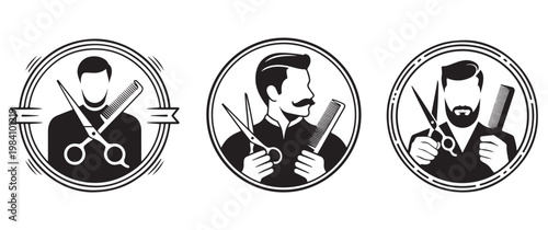Three circular emblems depict barbers with tools showcasing classic grooming and a bold silhouette high quality