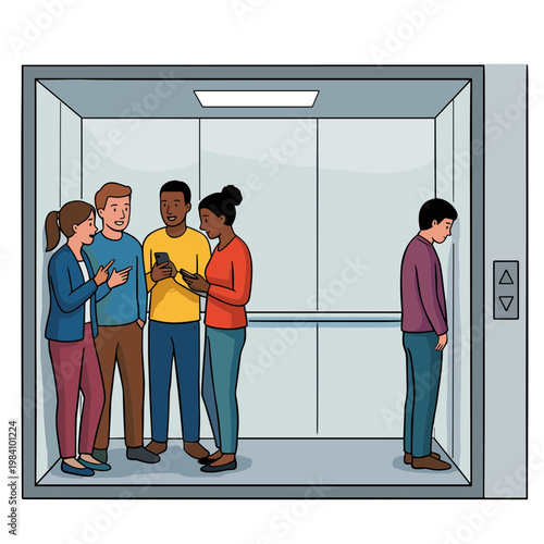 People standing in an elevator looking uncomfortable around another person