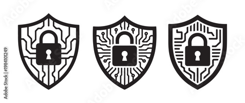 Three black shield icons with integrated lock symbols representing digital security a striking silhouette high quality