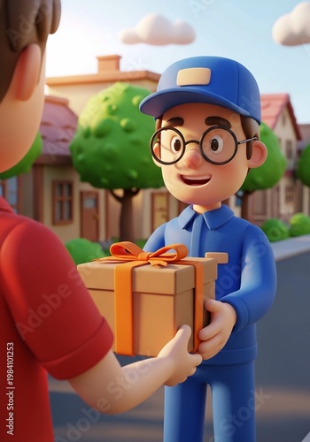 Delivery man handing a gift box to a customer in a suburban neighborhood, 3D character illustration