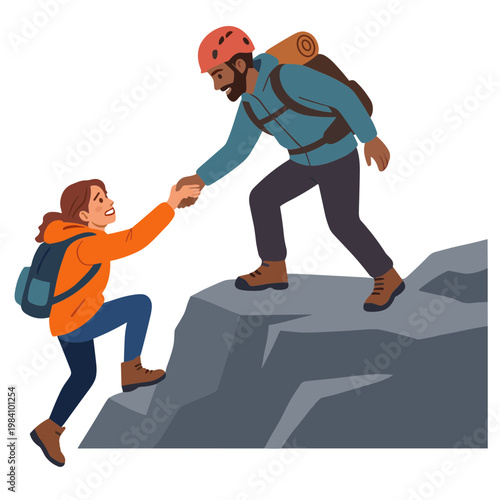 Man helps woman climb steep mountain with assistance and support