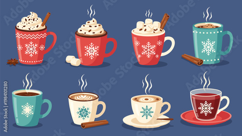 Assortment of hot winter beverages in mugs decorated with snowflakes, topped with whipped cream, marshmallows, and spices.