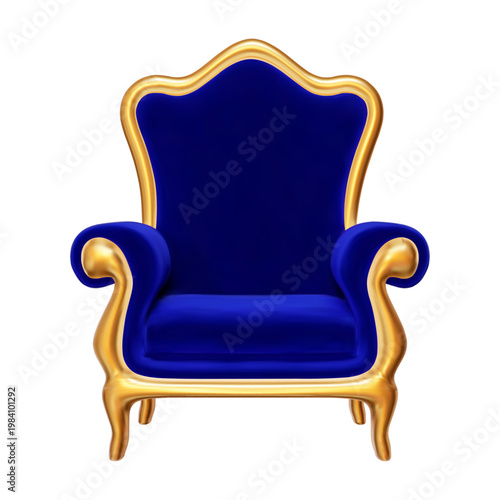 3d king throne with golden crown. Gold and blue color. Stock vector illustration on isolated background.