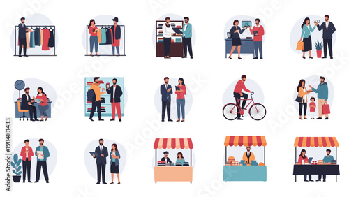 Collection of scenes showing people shopping in various stores, markets, and boutiques, interacting with staff and products.