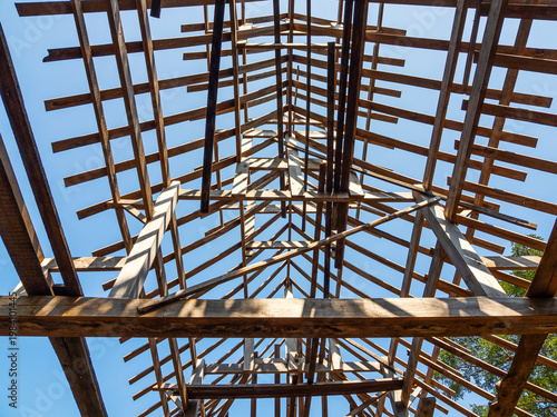 Wood house roof skeleton under construction