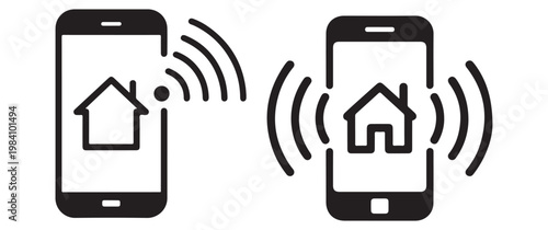 Two smartphones are depicted exchanging data with a house icon representing home automation silhouette high quality