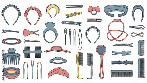Wide variety of hair accessories including headbands, clips, combs, and brushes in different colors for personal grooming.