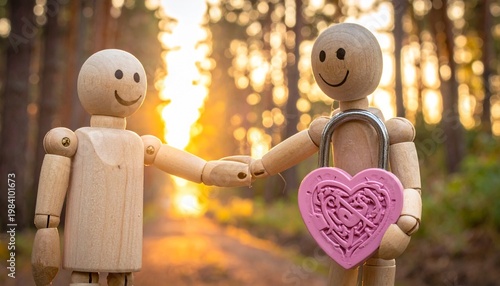 Two wooden mannequins meet on a glowing forest path at sunset, holding a pink heart with padlock, symbolizing love, trust, and connection.