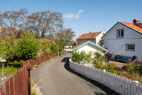 Curving lane with houses on Källö-Knippla island, northern Gothenburg archipelago, Bohuslän, west coast Sweden