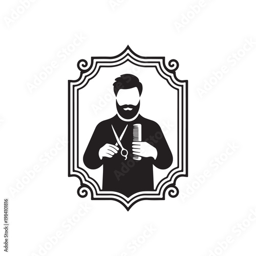 A classic black frame showcases a barber holding tools presenting a striking silhouette high quality professional