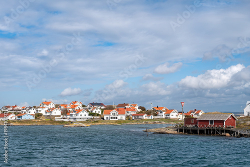 Waterfront houses and boathouse on Rörö island, northern Gothenburg archipelago, Bohuslän, west coast Sweden