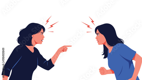 Two young women having an intense argument and pointing at each other with angry expressions, representing conflict at work.