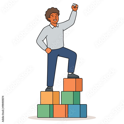 Man standing on colorful blocks celebrating success with one arm raised